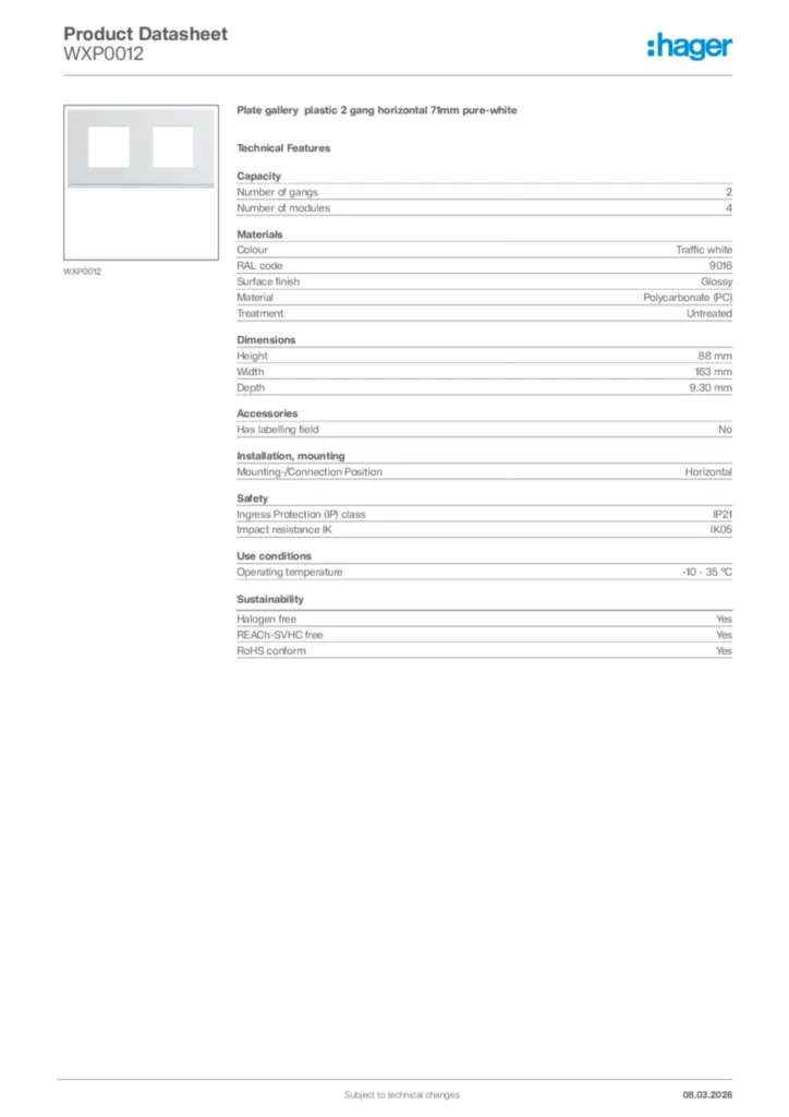 Image Hager Product data sheet WXP0012  | Hager Africa