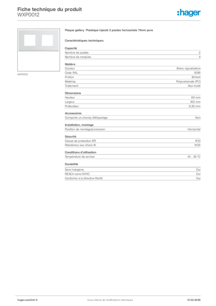 Image Hager Fiche technique du produit WXP0012 | Hager Afrique
