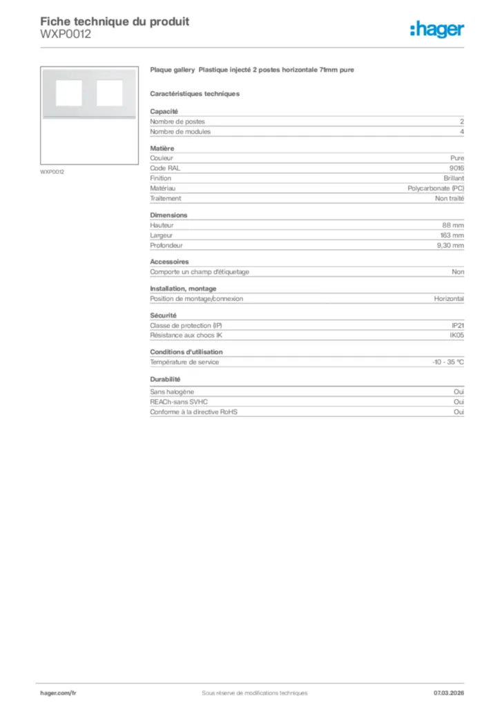 Image Hager Fiche technique du produit WXP0012 | Hager France