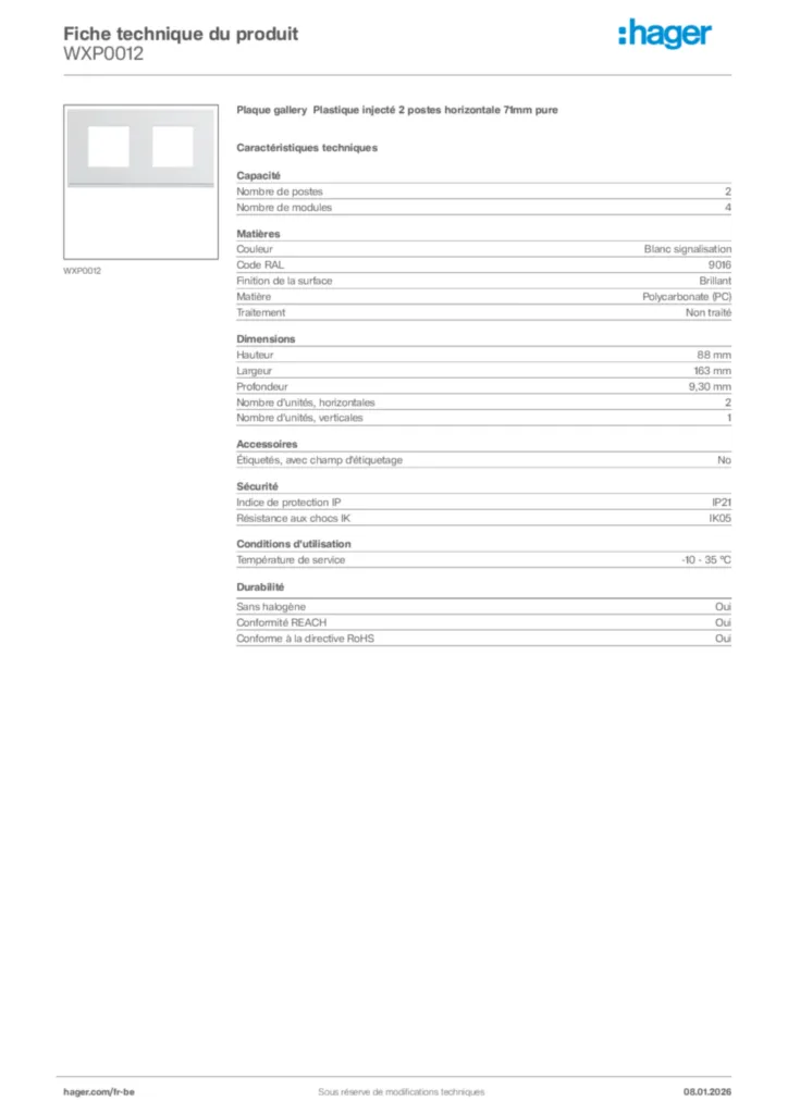 Image Hager Fiche technique du produit WXP0012 | Hager Belgique