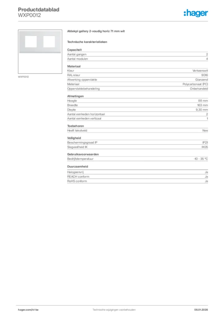 Afbeelding Hager Productdatablad WXP0012 | Hager Belgium