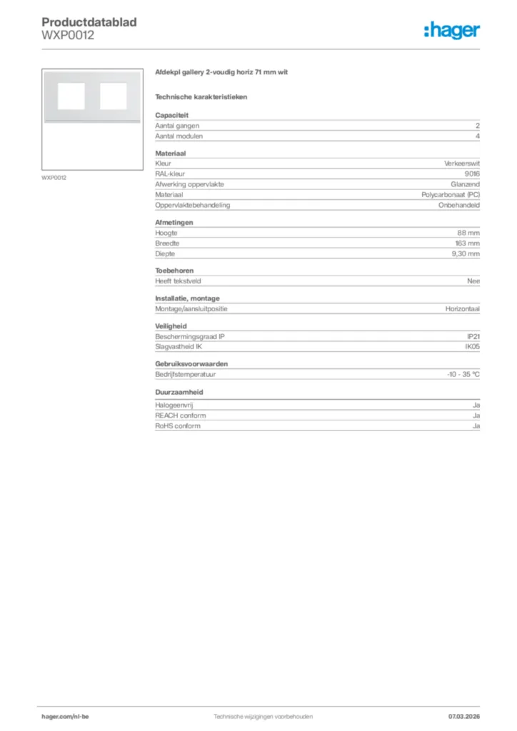 Afbeelding Hager Productdatablad WXP0012 | Hager Belgium
