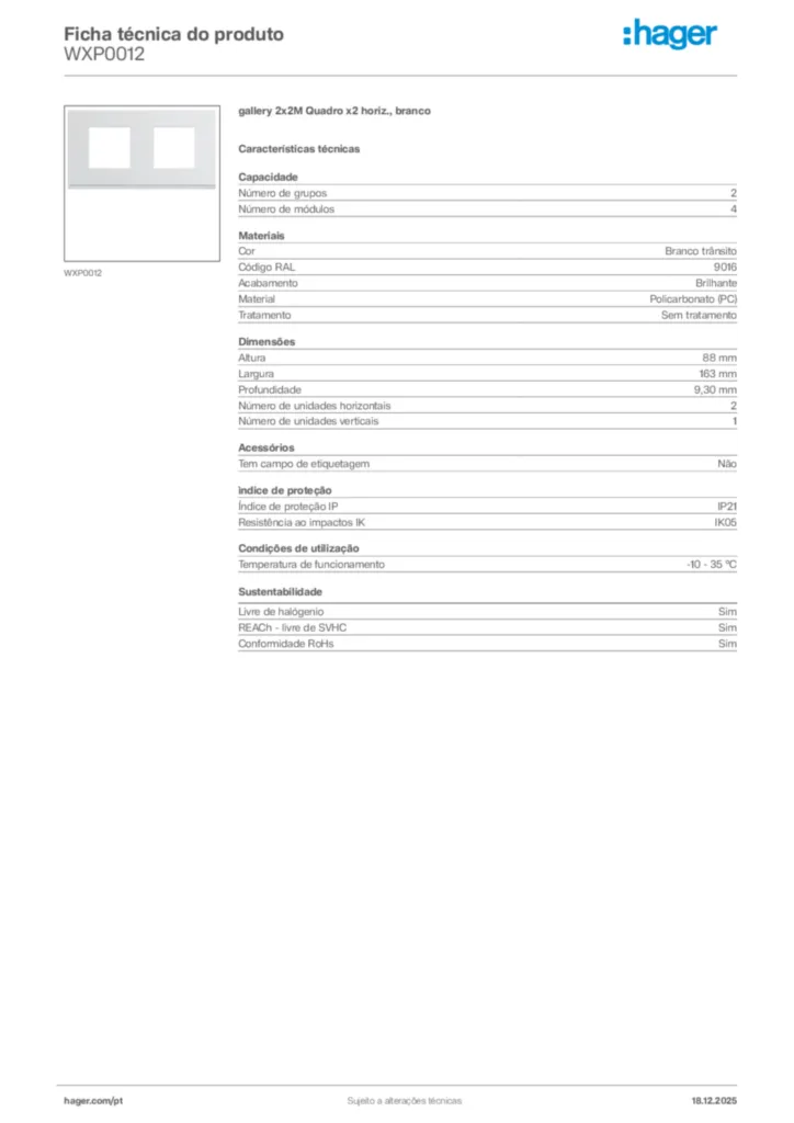 Imagem Hager Ficha técnica do produto WXP0012 | Hager Portugal