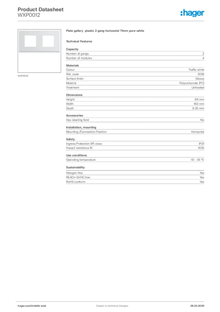 Image Hager Product data sheet WXP0012  | Hager