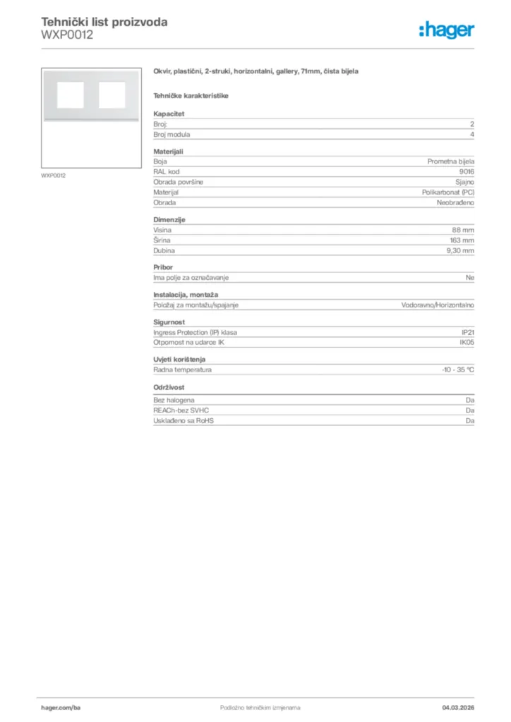Slika Hager Tehnički list proizvoda WXP0012  | Hager