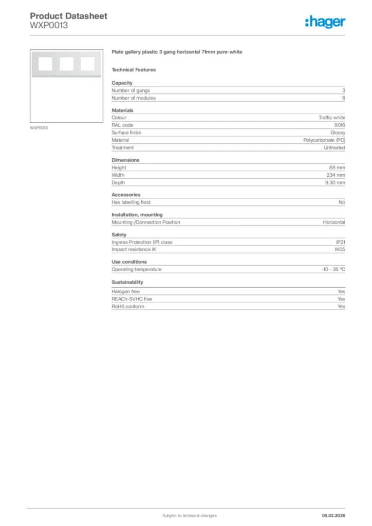 Image Hager Product data sheet WXP0013  | Hager Africa