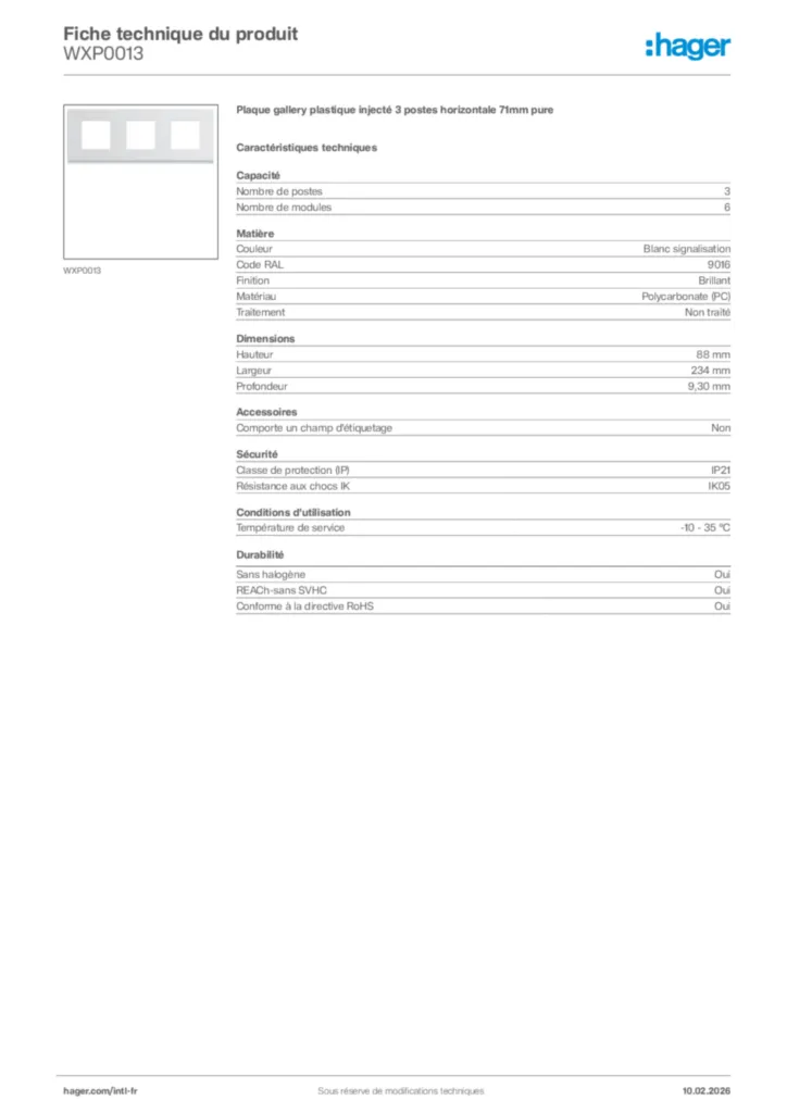Image Hager Fiche technique du produit WXP0013 | Hager Afrique