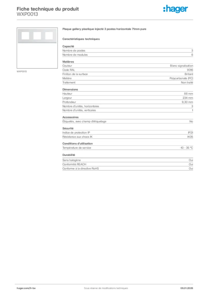 Image Hager Fiche technique du produit WXP0013 | Hager Belgique