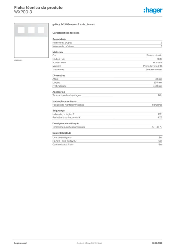 Imagem Hager Ficha técnica do produto WXP0013 | Hager Portugal