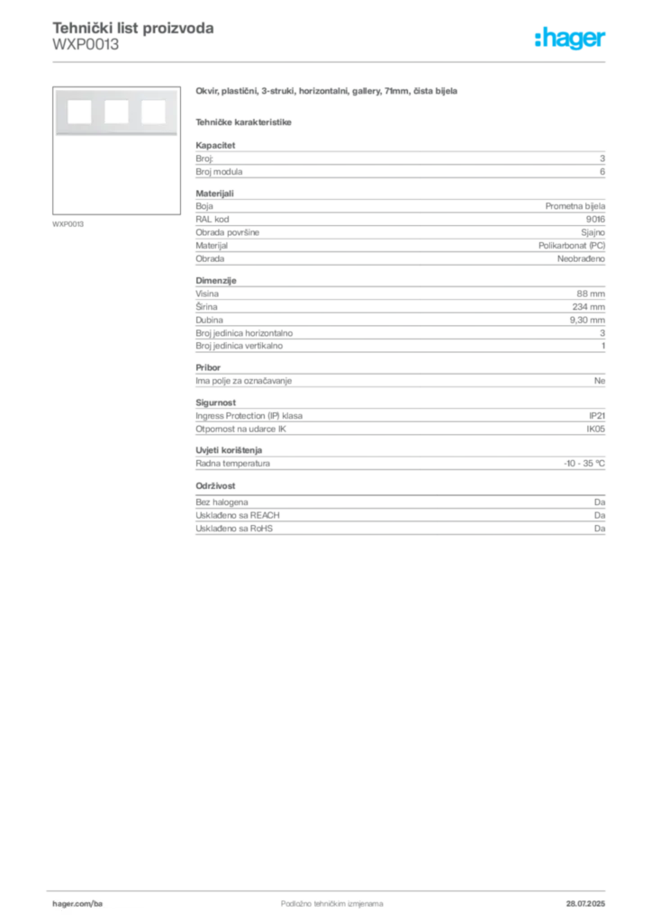 Slika Hager Product data sheet WXP0013  | Hager
