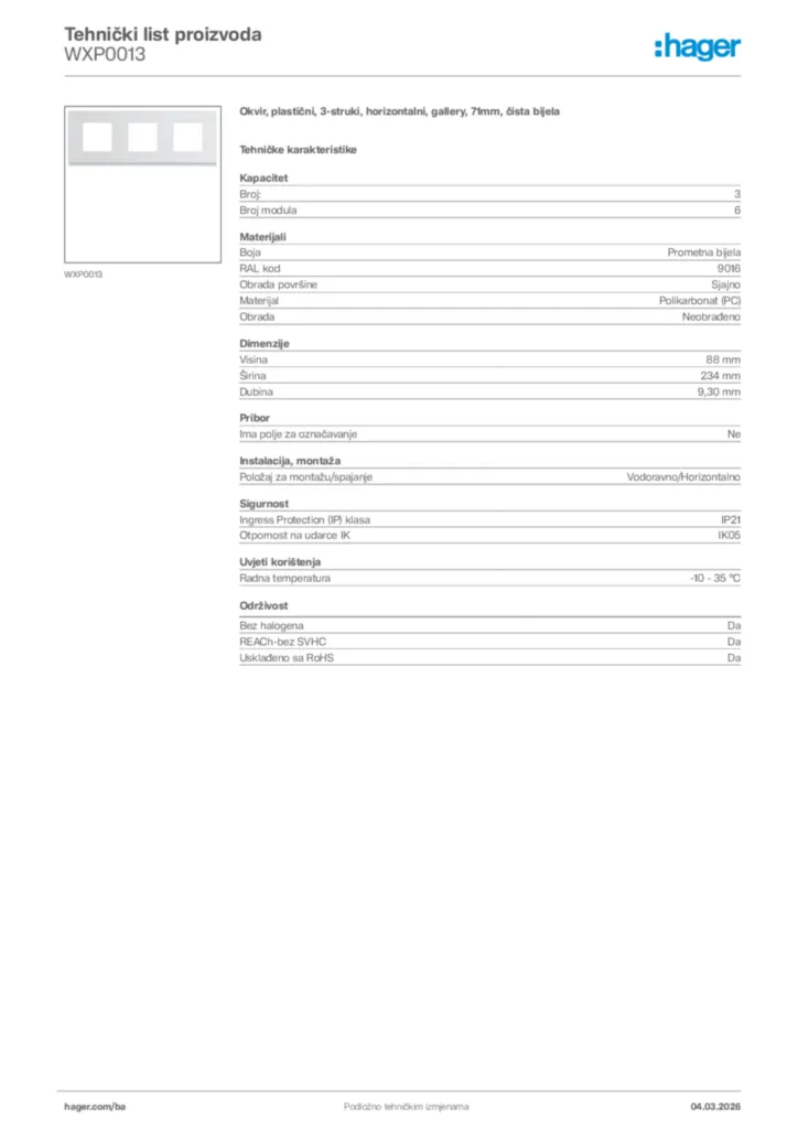 Slika Hager Tehnički list proizvoda WXP0013  | Hager
