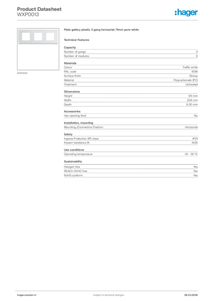 Image Hager Product data sheet WXP0013  | Hager