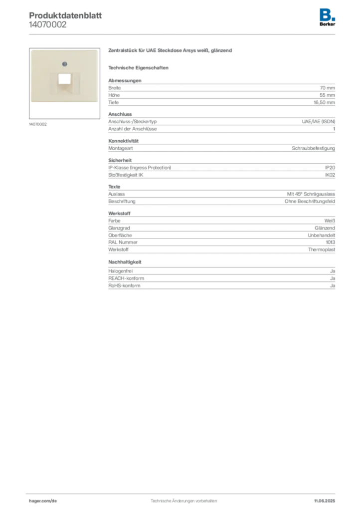 Bild Berker Produktdatenblatt 14070002 | Hager Deutschland