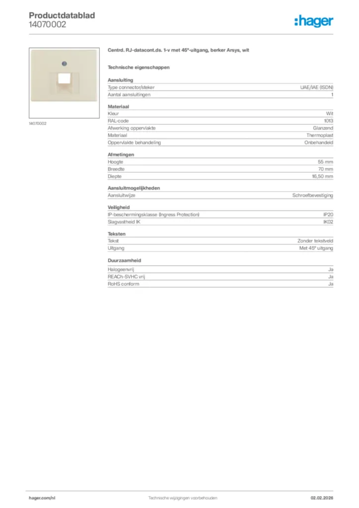 Afbeelding Hager Productdatablad 14070002 | Hager Nederland