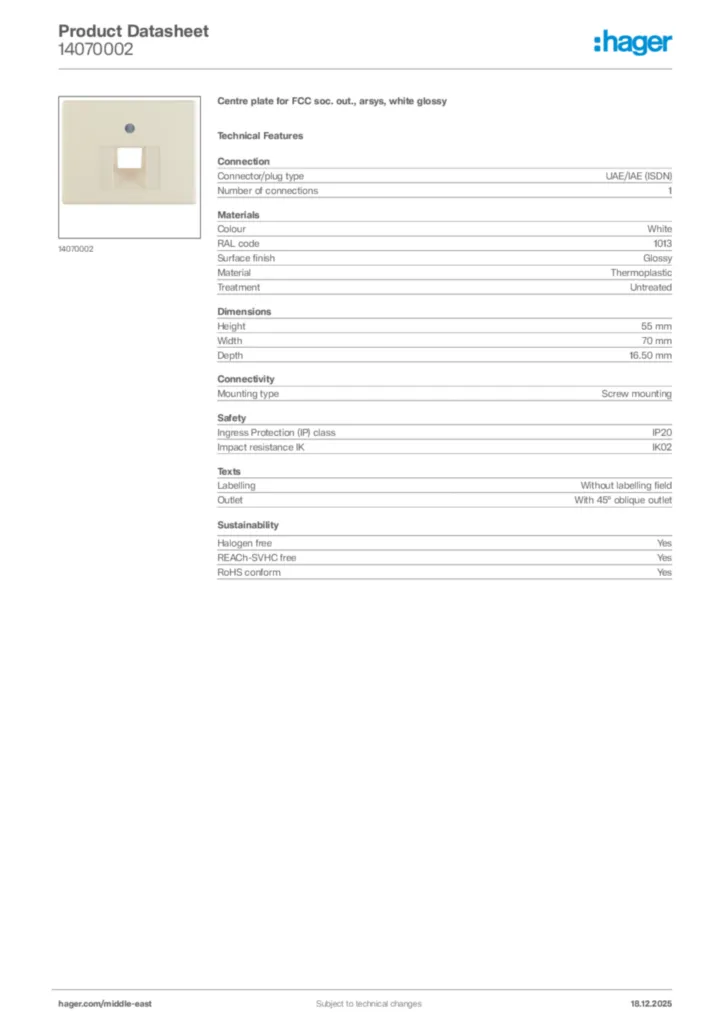 Image Hager Product data sheet 14070002  | Hager