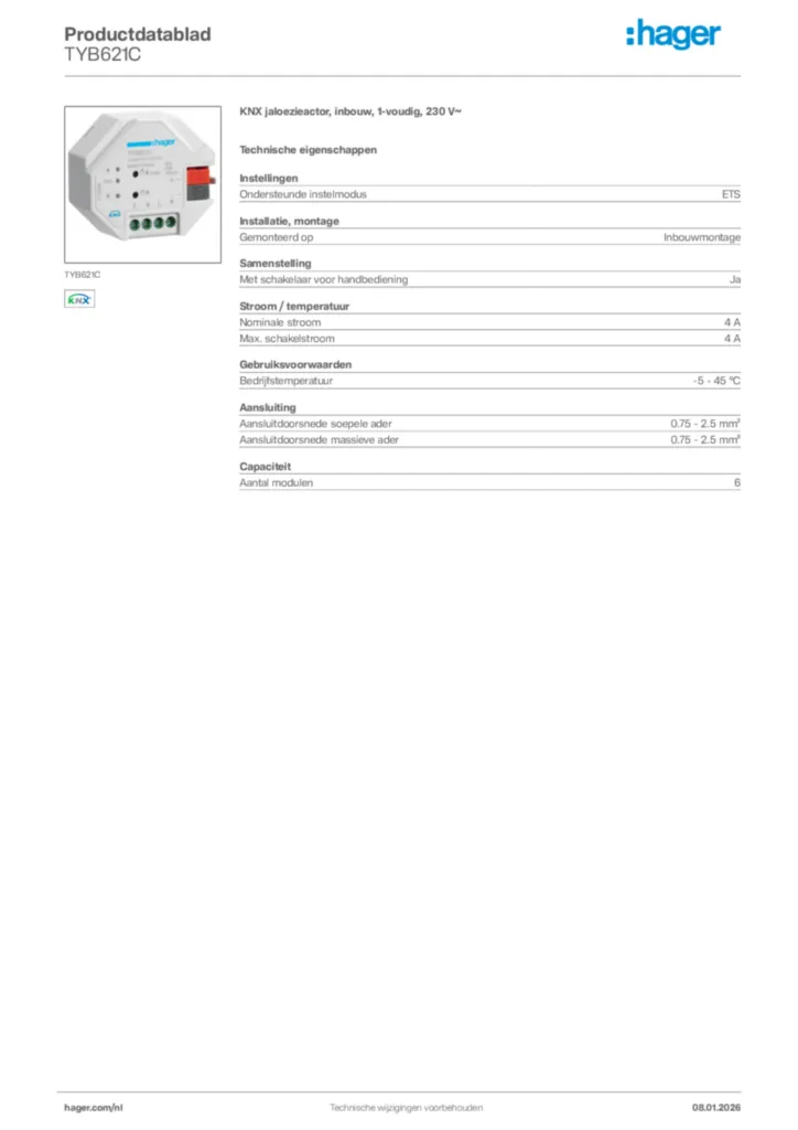 Afbeelding Hager Productdatablad TYB621C | Hager Nederland