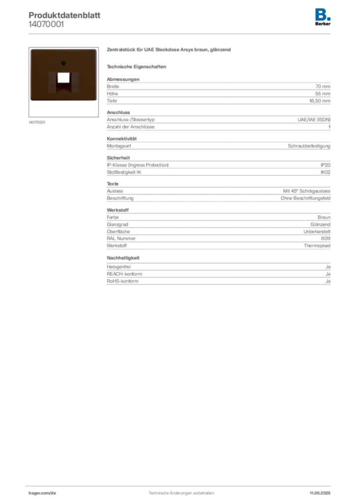 Bild Berker Produktdatenblatt 14070001 | Hager Deutschland