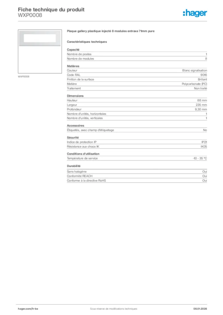 Image Hager Fiche technique du produit WXP0008 | Hager Belgique