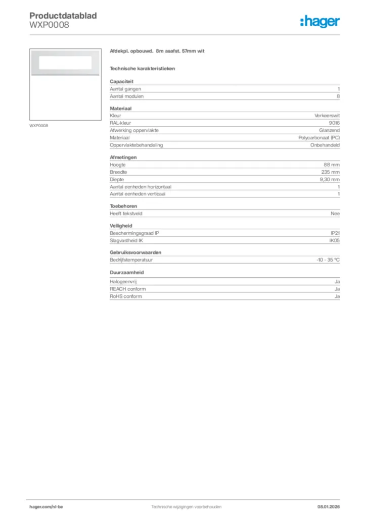 Afbeelding Hager Productdatablad WXP0008 | Hager Belgium