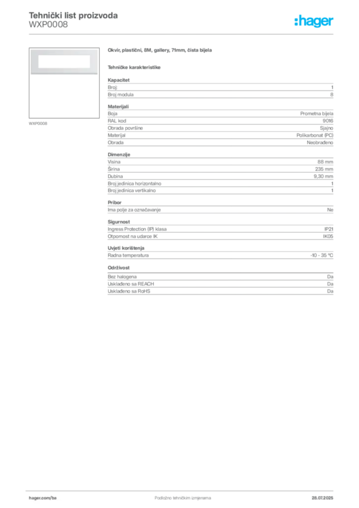 Slika Hager Product data sheet WXP0008  | Hager