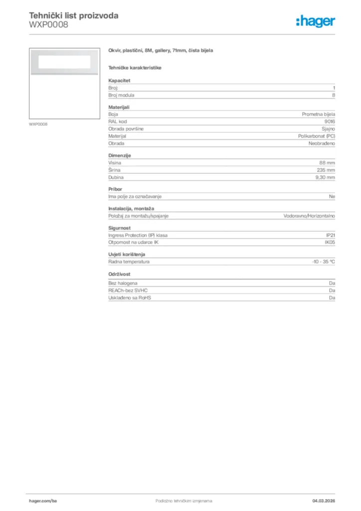 Slika Hager Tehnički list proizvoda WXP0008  | Hager