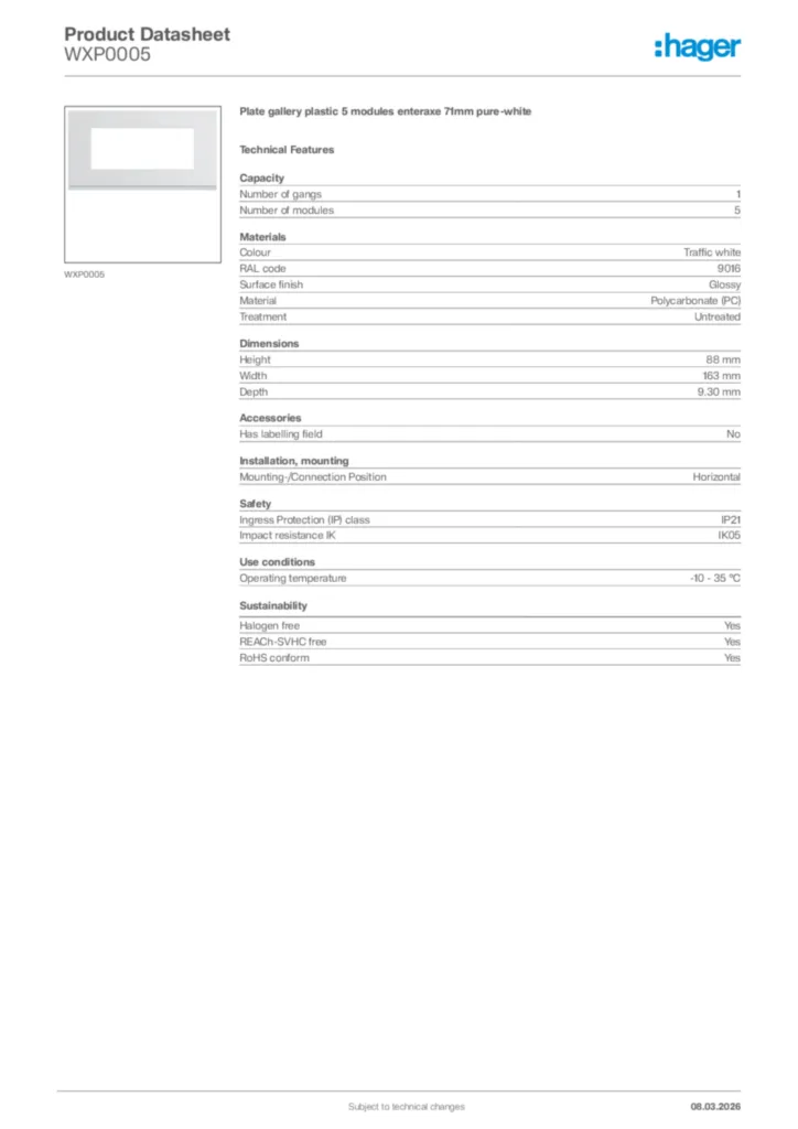 Image Hager Product data sheet WXP0005  | Hager Africa