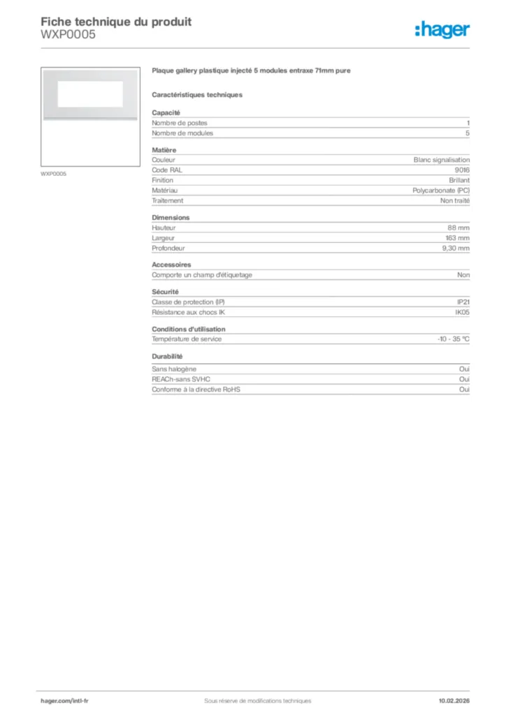 Image Hager Fiche technique du produit WXP0005 | Hager Afrique