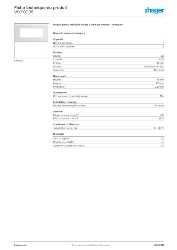 Image Hager Fiche technique du produit WXP0005 | Hager France