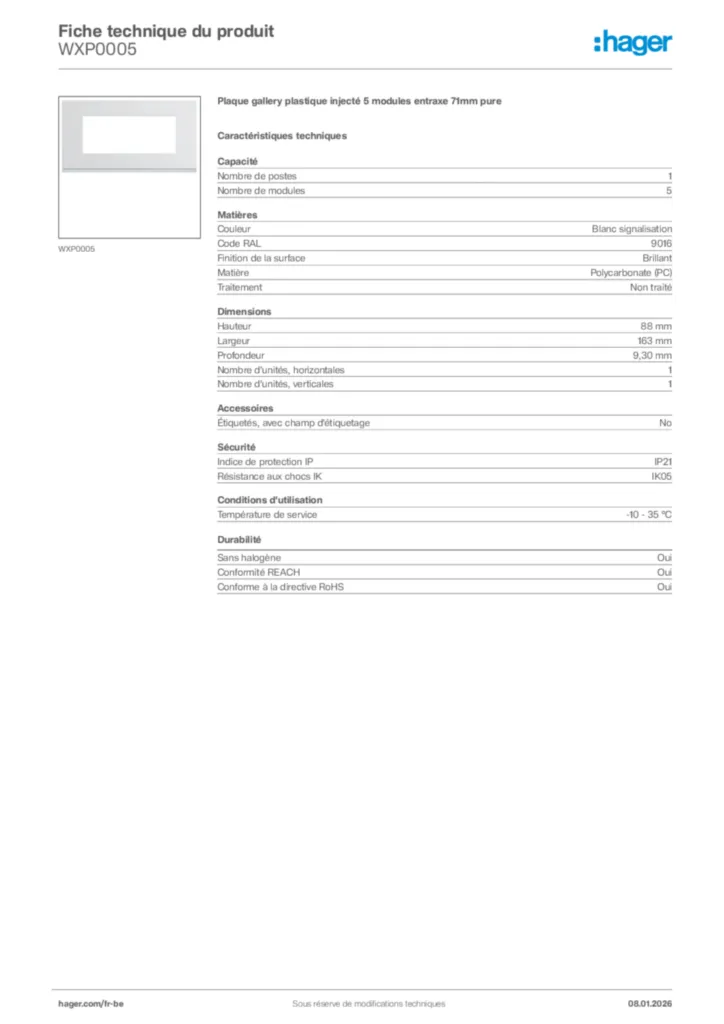 Image Hager Fiche technique du produit WXP0005 | Hager Belgique