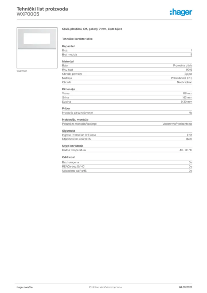 Slika Hager Tehnički list proizvoda WXP0005  | Hager