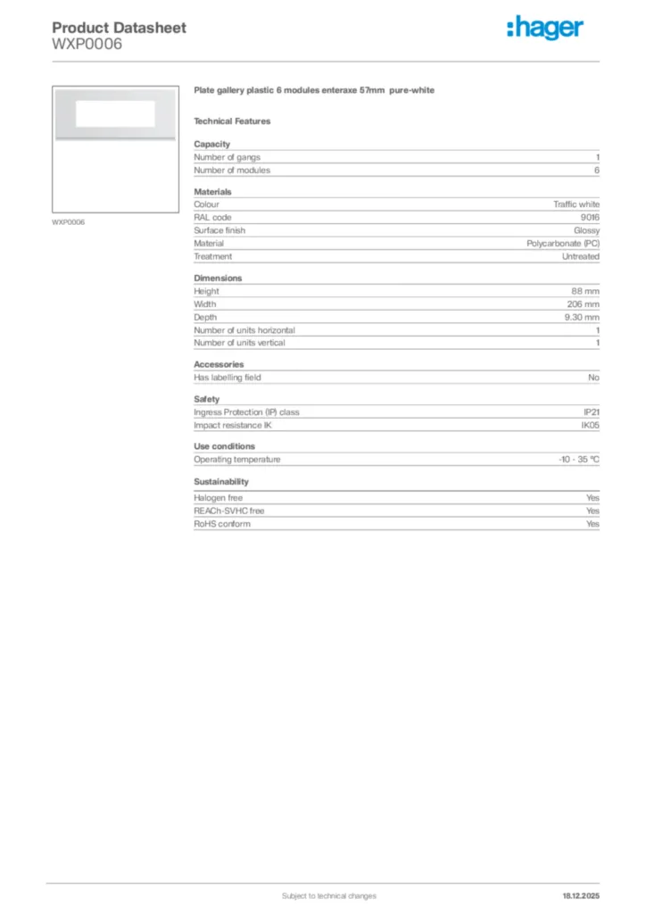 Image Hager Product data sheet WXP0006  | Hager Africa