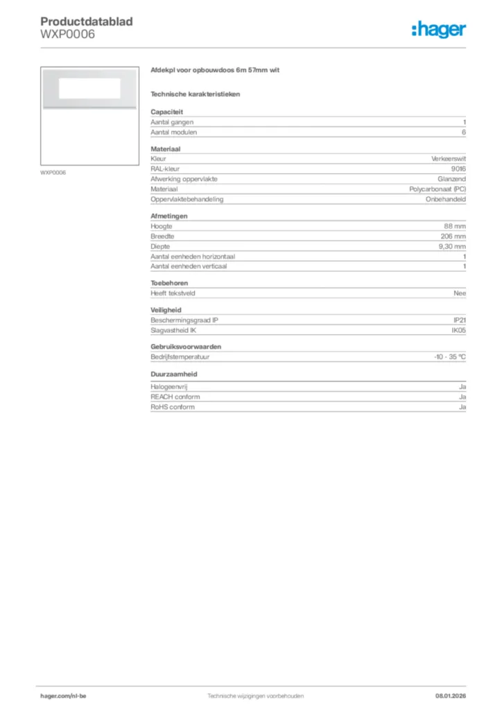 Afbeelding Hager Productdatablad WXP0006 | Hager Belgium