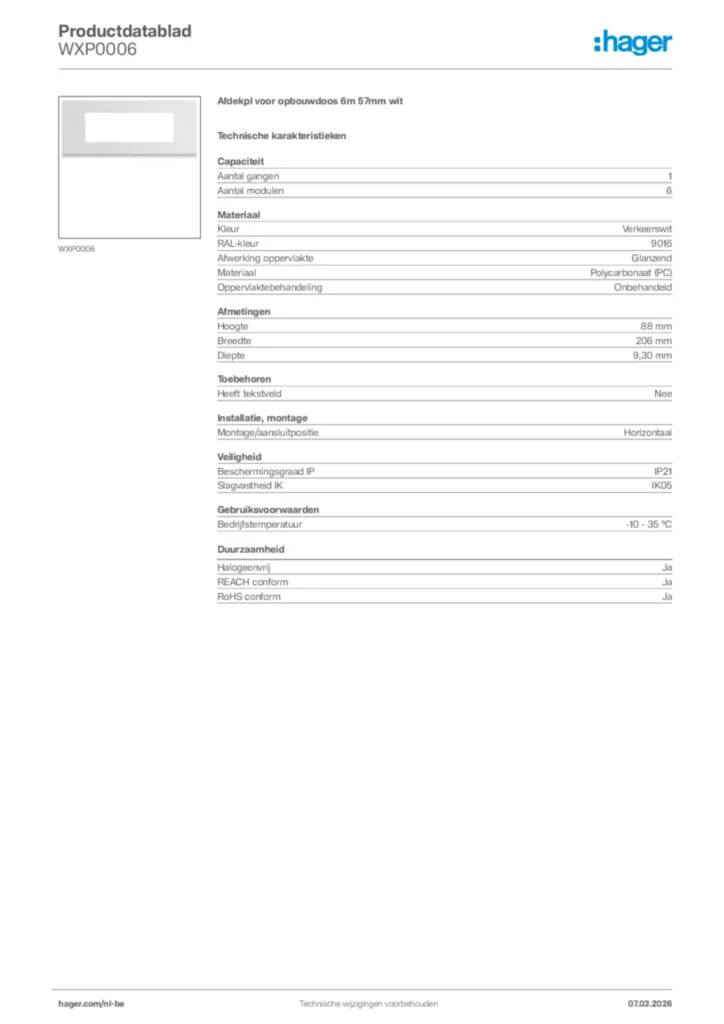 Afbeelding Hager Productdatablad WXP0006 | Hager Belgium
