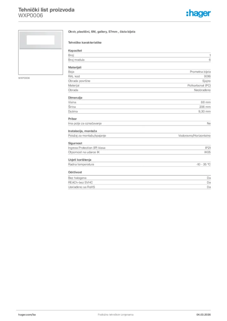 Slika Hager Tehnički list proizvoda WXP0006  | Hager