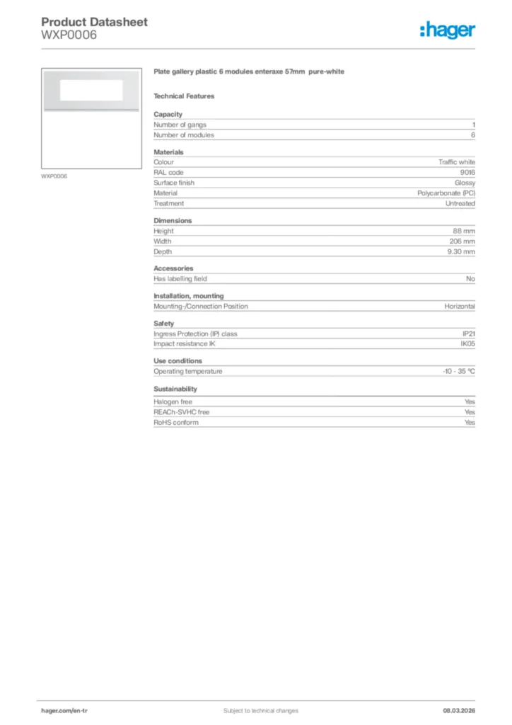 Image Hager Product data sheet WXP0006  | Hager