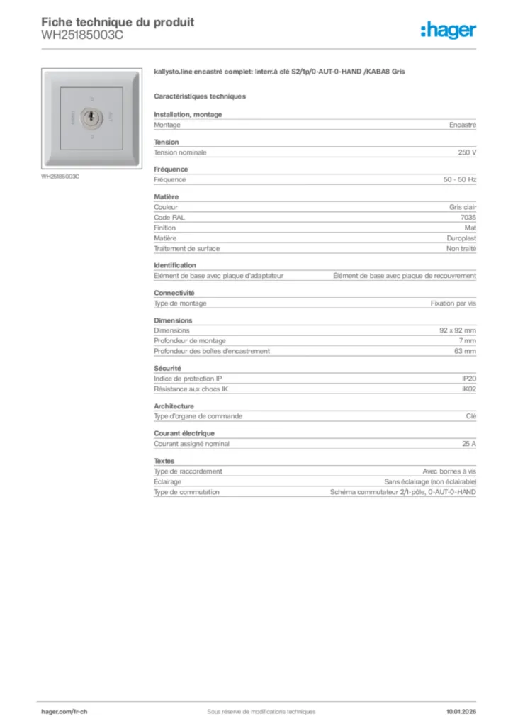 Image Hager Fiche technique du produit WH25185003C | Hager Suisse