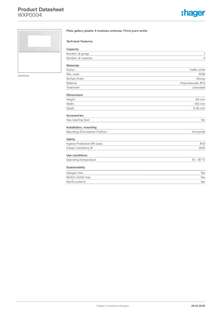 Image Hager Product data sheet WXP0004  | Hager Africa