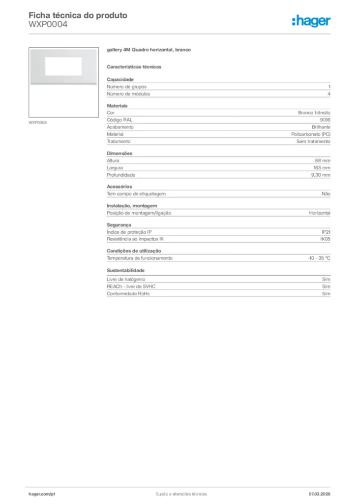 Imagem Hager Ficha técnica do produto WXP0004 | Hager Portugal