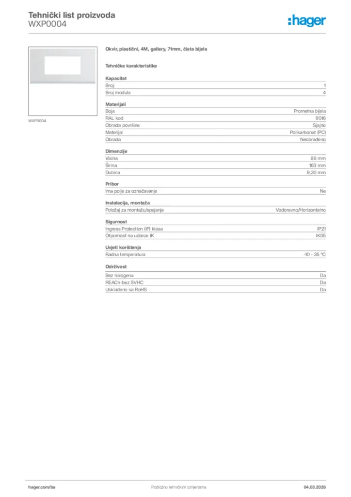 Slika Hager Tehnički list proizvoda WXP0004  | Hager