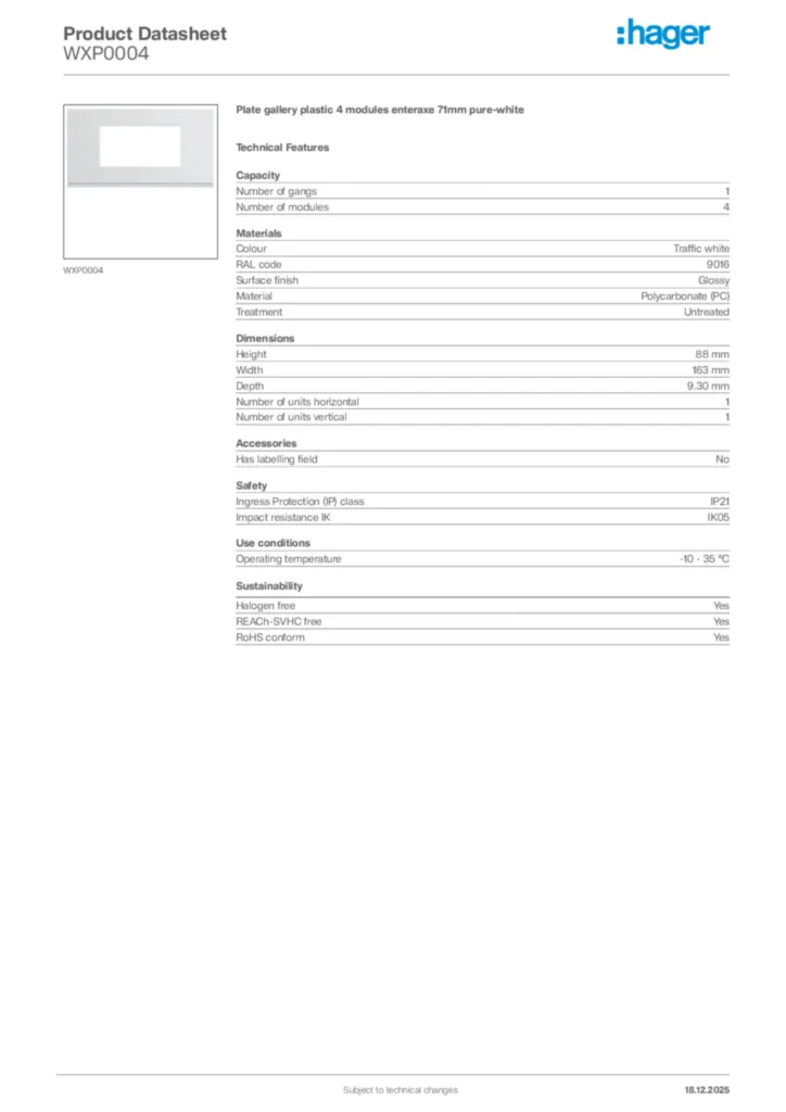 Image Hager Product data sheet WXP0004  | Hager