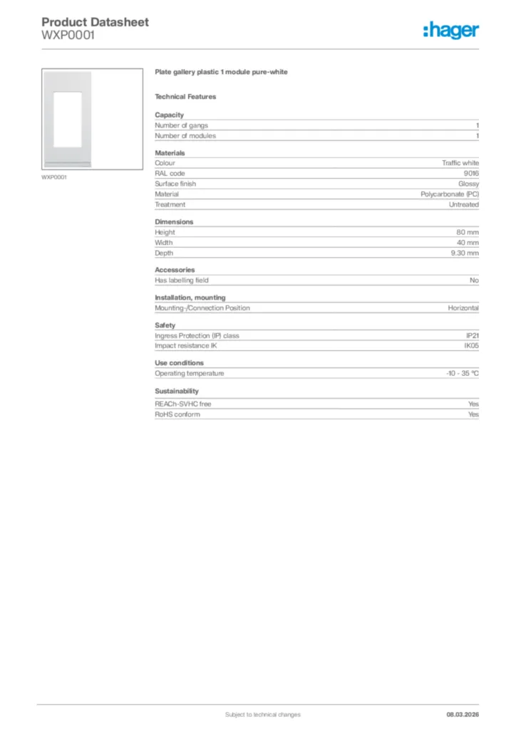 Image Hager Product data sheet WXP0001  | Hager Africa
