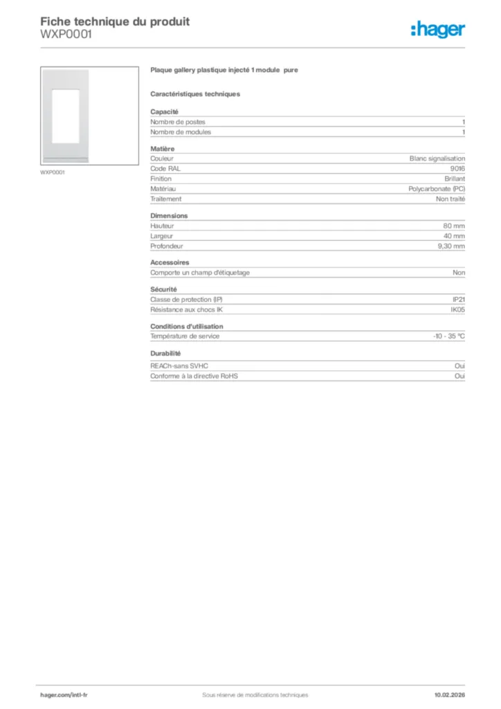 Image Hager Fiche technique du produit WXP0001 | Hager Afrique