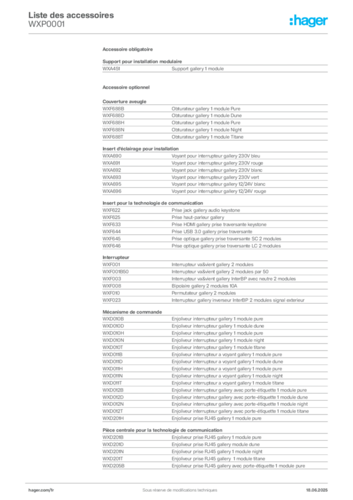 Image Hager Fiche technique du produit WXP0001 | Hager France