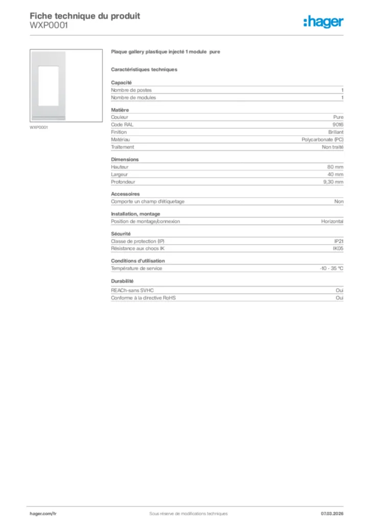 Image Hager Fiche technique du produit WXP0001 | Hager France