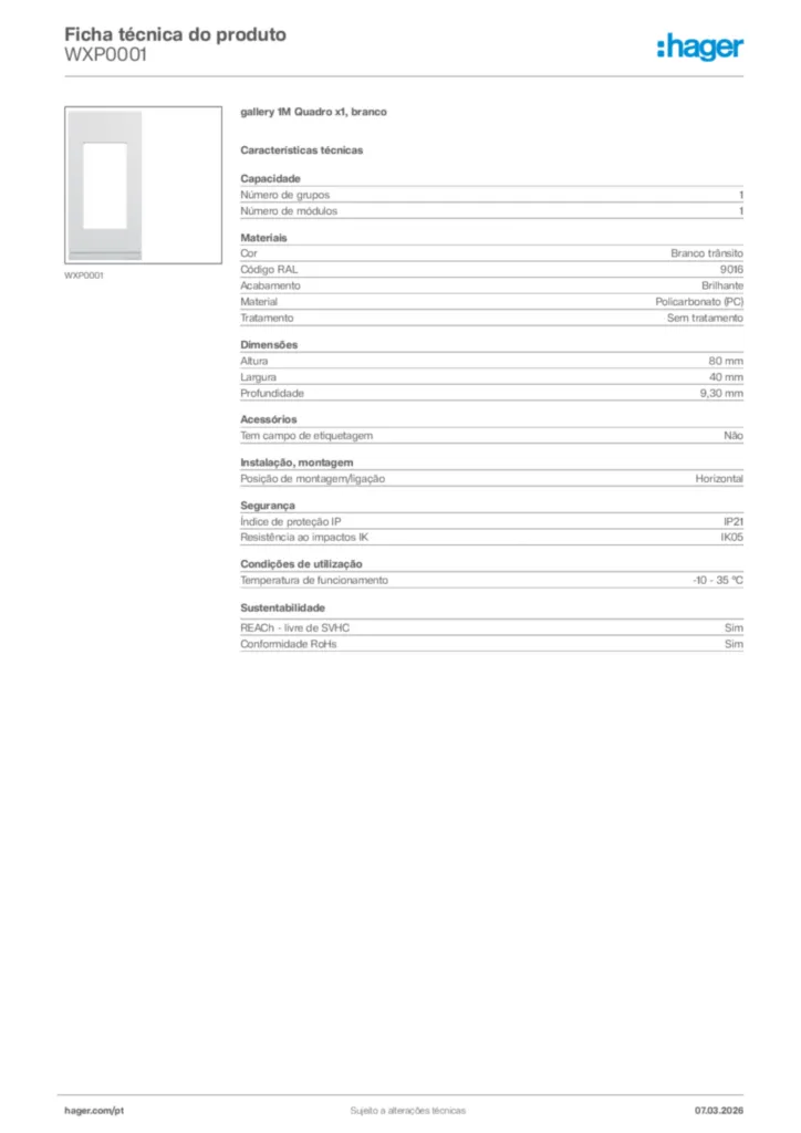 Imagem Hager Ficha técnica do produto WXP0001 | Hager Portugal