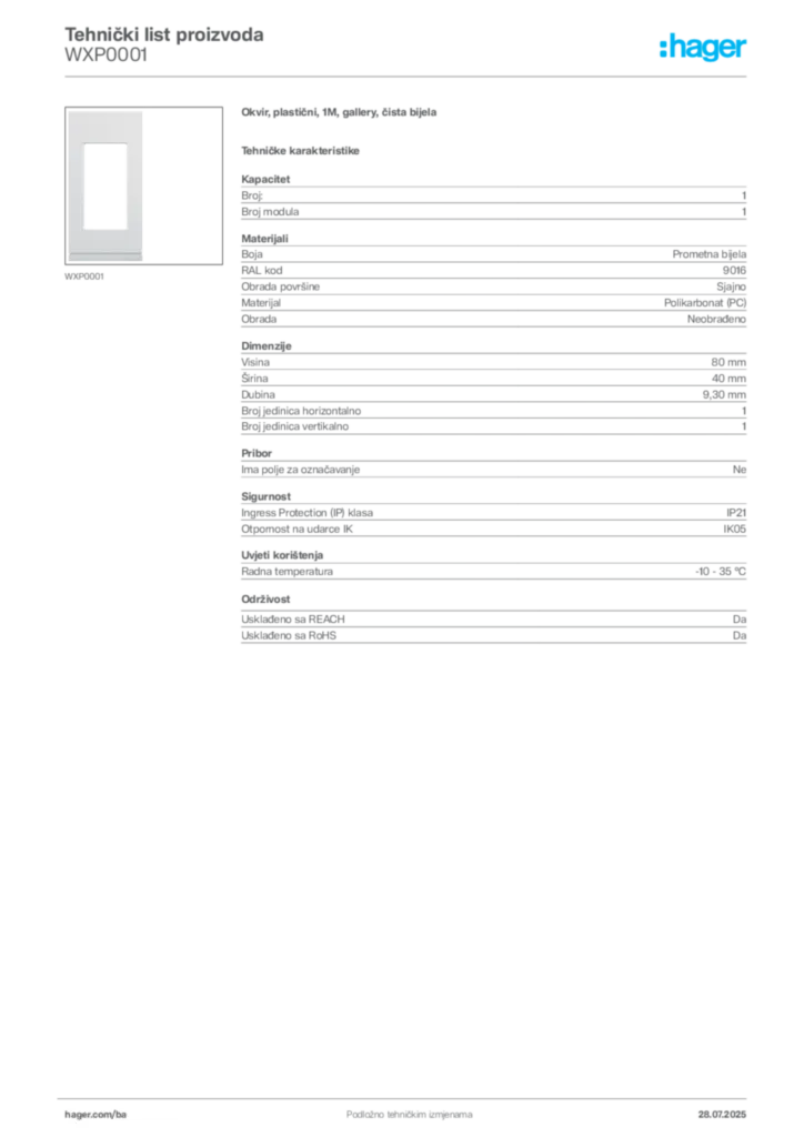 Slika Hager Product data sheet WXP0001  | Hager