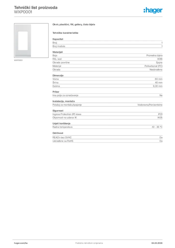 Slika Hager Tehnički list proizvoda WXP0001  | Hager