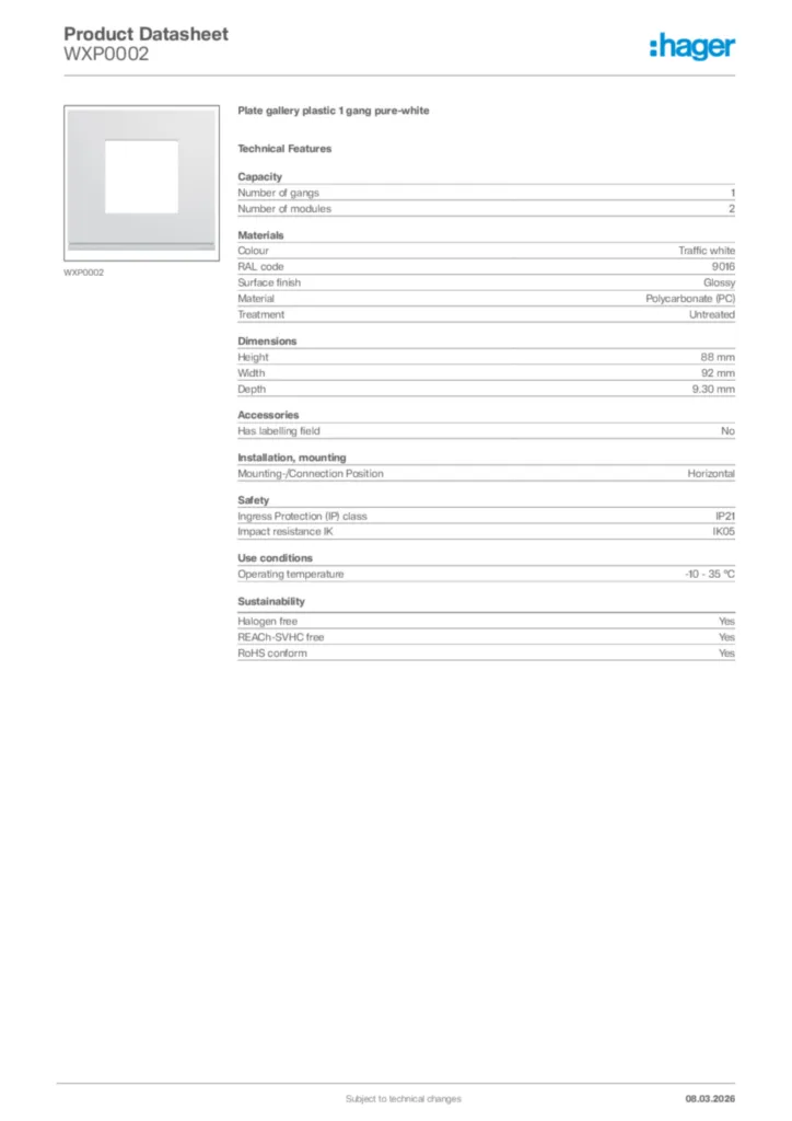 Image Hager Product data sheet WXP0002  | Hager Africa