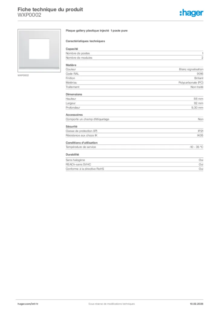 Image Hager Fiche technique du produit WXP0002 | Hager Afrique