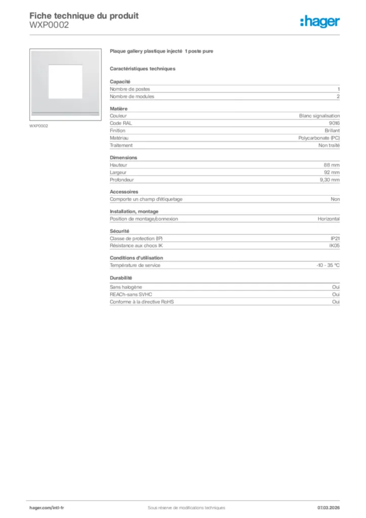 Image Hager Fiche technique du produit WXP0002 | Hager Afrique
